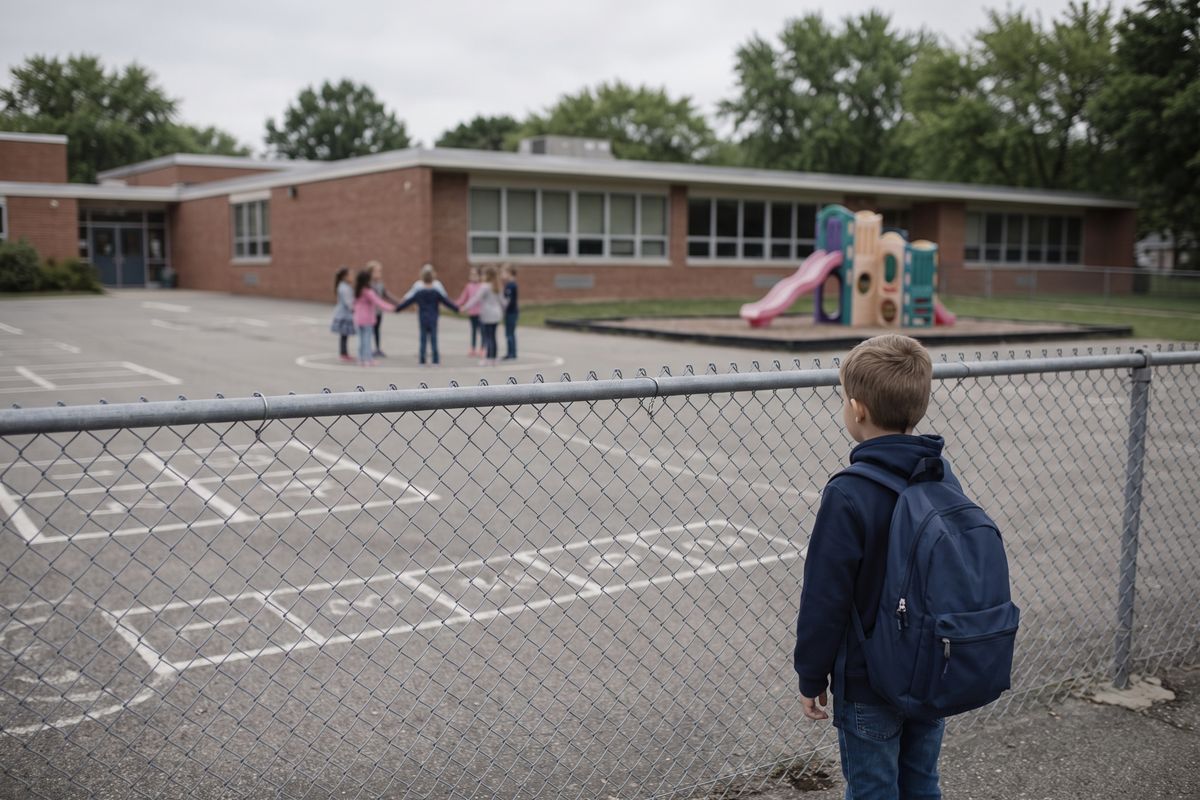A boy with a backpack stands alone at the fence of a school playground while other kids play in the background