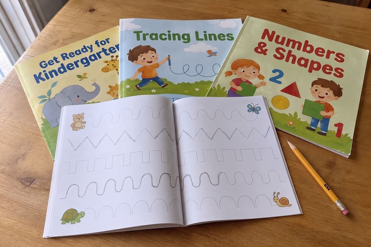 Kindergarten prep workbooks with tracing lines and numbers on a kitchen table