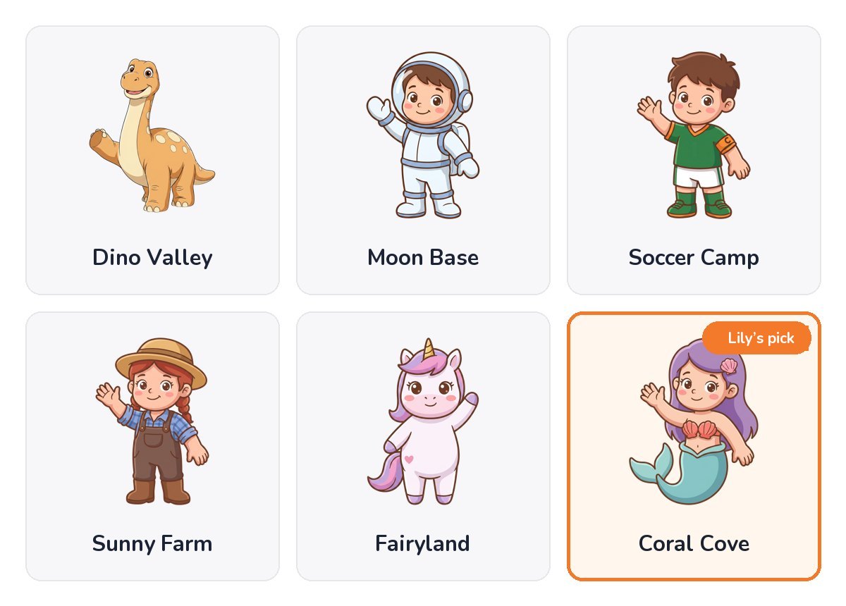 Six story worlds to choose from: Dino Valley, Moon Base, Soccer Camp, Sunny Farm, Fairyland and Coral Cove